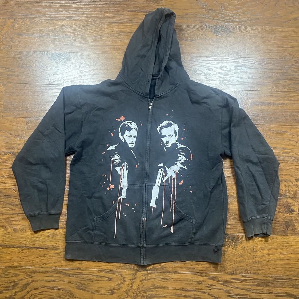 The Boondock Saints Movie Graphic Full Zip Hoodie Black Distressed Men L